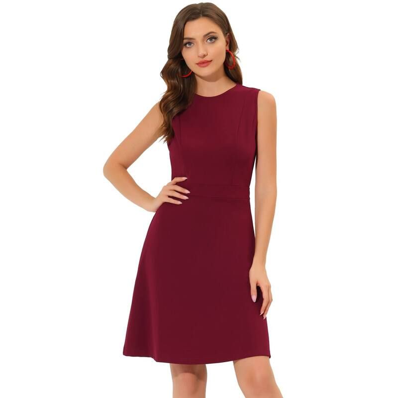 アレグラ ケー レディース トップス ワンピース A ライン ノースリーブ ALLEGRA K Womens Work Solid Color Sleeveless Aline Flaredresses Burgundy バーガンディ