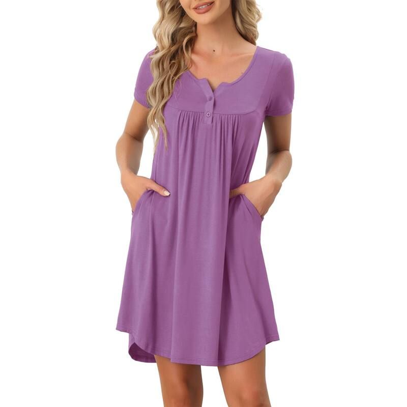 cheibear レディース アンダーウェア ナイトウェア cheibear Womensleepwear Soft Button With Pocketshort Sleeve Lounge Nightgown Gray Purple グレー