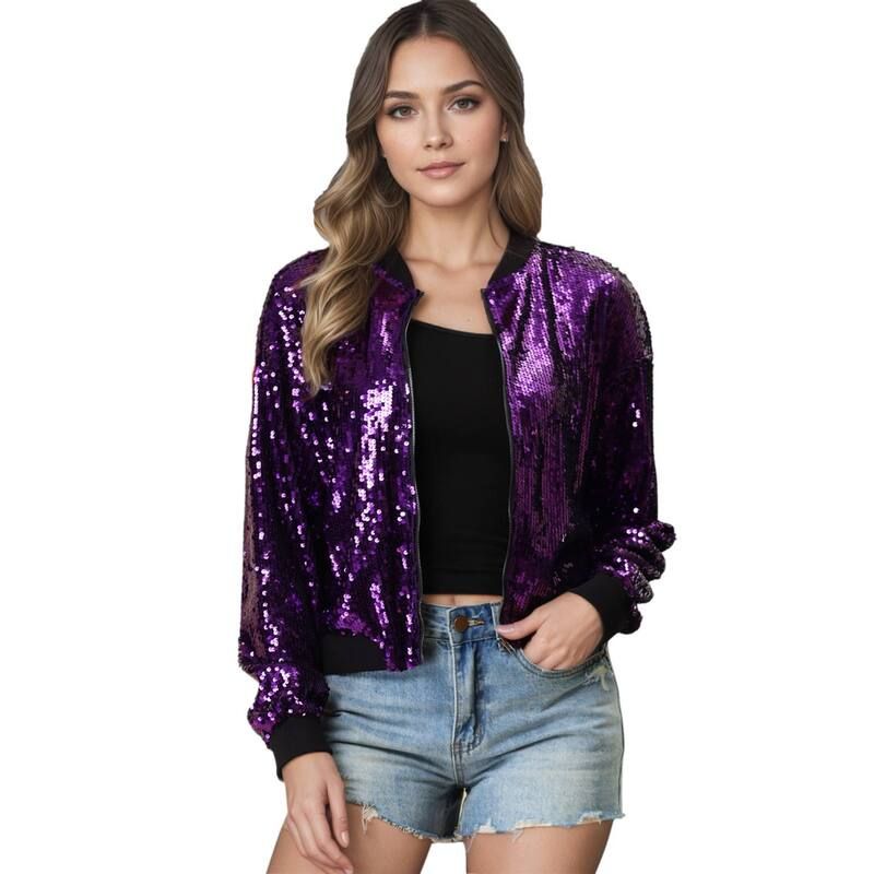 アレグラ ケー レディース アウター ジャケット・ブルゾン クロップド ALLEGRA K Womens Glitter Cropped Long Sleeve Zipper Bomber Jacket Purple パープル