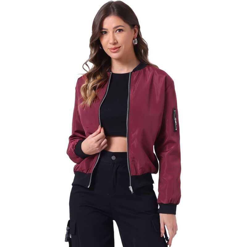 アレグラ ケー レディース アウター ジャケット・ブルゾン ALLEGRA K Womenstanding Collar Full Zip Up Short Bomber Jacket Wine Red レッド
