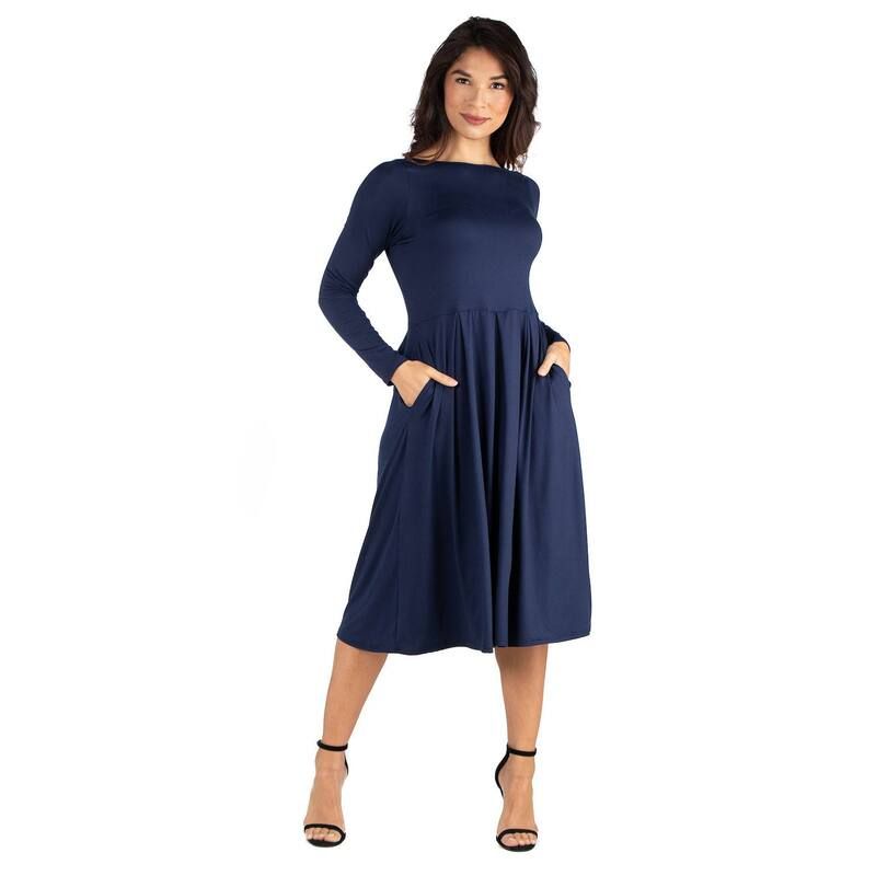 24 セブンコンフォート レディース トップス ワンピース Womens 24Seven Comfort Apparelong Sleeve Fit Flare Dress with Pockets Dark Blue ブルー