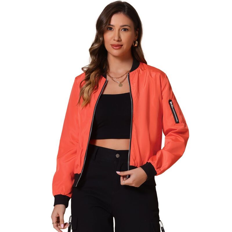 アレグラ ケー レディース アウター ジャケット・ブルゾン ALLEGRA K Womenstanding Collar Full Zip Up Short Bomber Jacket Orange オレンジ