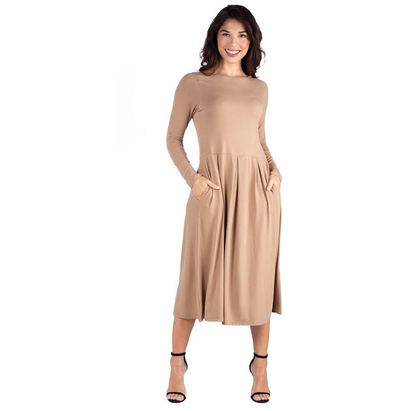 24 セブンコンフォート レディース トップス ワンピース Womens 24Seven Comfort Apparelong Sleeve Fit Flare Dress with Pockets Beige Khaki カーキ