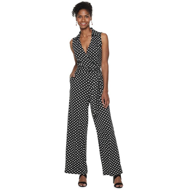 ニナレオナルド レディース トップス ワンピース プリント ノースリーブ ジャンプスーツ Womens Nina Leonard Print Collared Sleevelessurplice WideLeg Jumpsuit Black Dot ブラック
