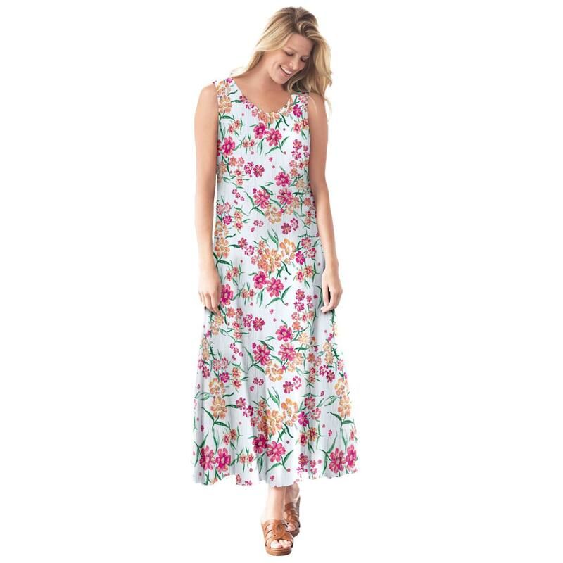 ウーマン ウィズイン レディース トップス ワンピース プラスサイズ ノースリーブ Woman Within Womens Plusize Sleeveless Crinkle Dress White Floral ホワイト