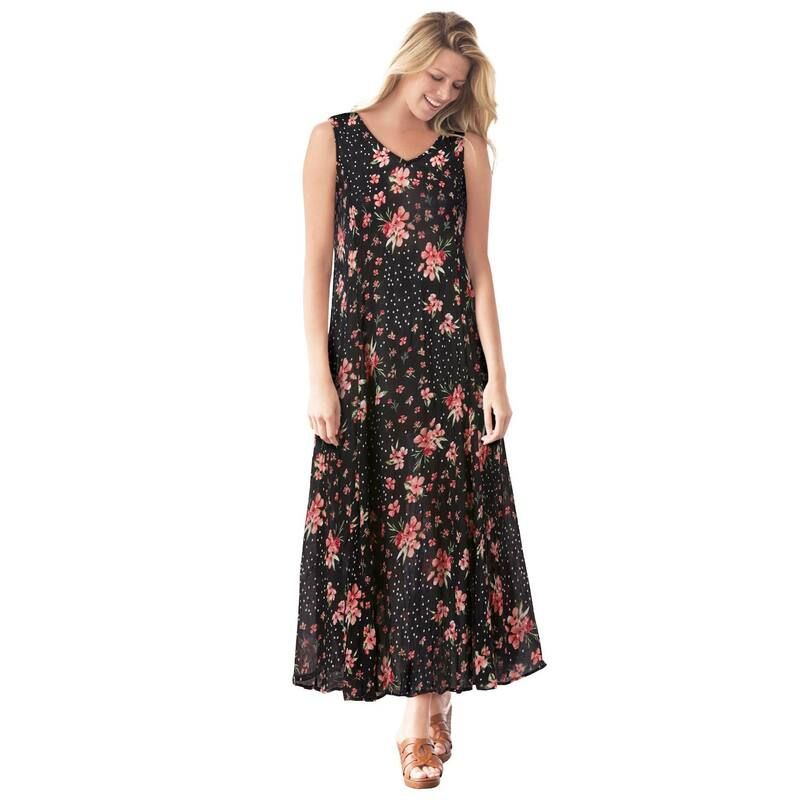 ウーマン ウィズイン レディース トップス ワンピース プラスサイズ ノースリーブ Woman Within Womens Plusize Sleeveless Crinkle Dress Black Patch Floral ブラック