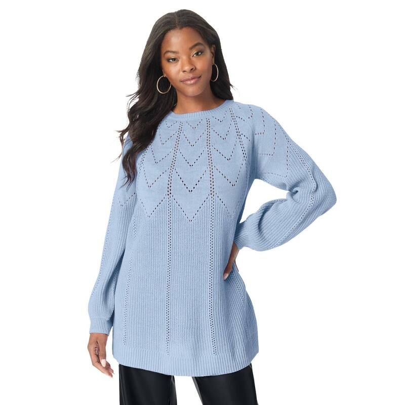 ロアマンズ レディース アウター ニット・セーター クルーネック プラスサイズ Roamans Womens Plusize Pointelle Yoke Crewneck Sweater Pale Blue ブルー