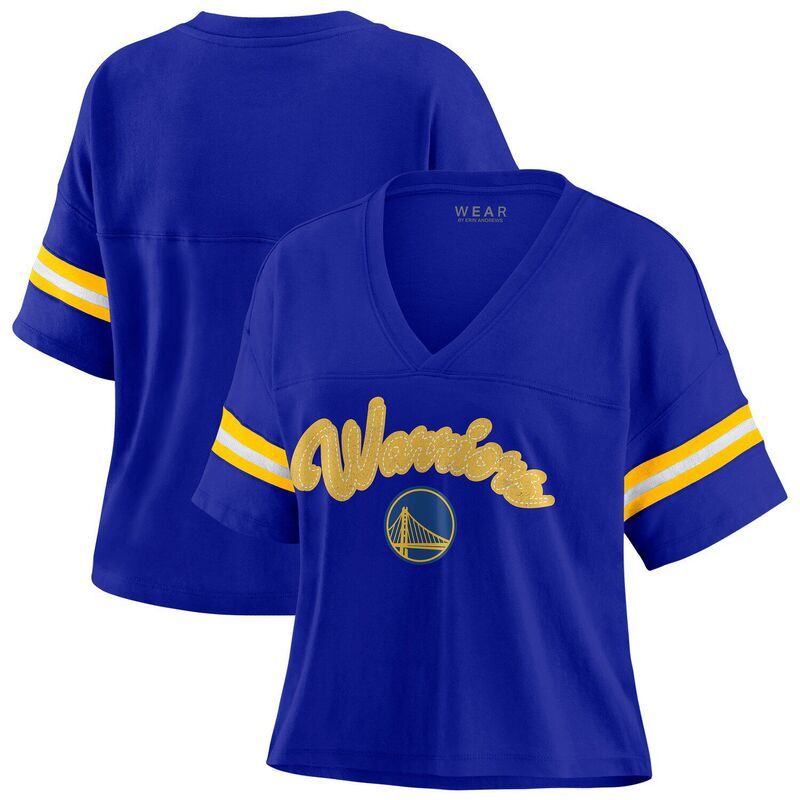 ウェア バイ エリン アンドルーズ レディース トップス Tシャツ Vネック プラスサイズ Womens WEAR by Erin Andrews Royal Golden State Warriors Plusize Color Block Boxy VNe