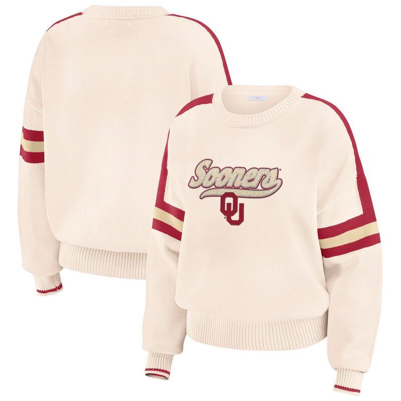 ウェア バイ エリン アンドルーズ レディース アウター ニット・セーター Womens WEAR by Erin Andrews Cream Oklahoma Sooners Chenille Woven Patch Stripe Pullover Swea