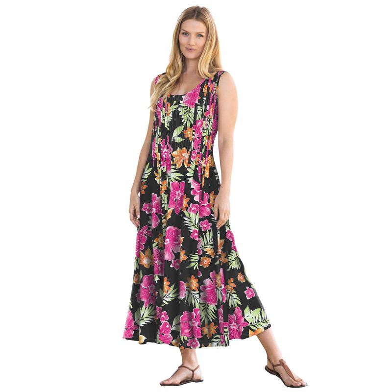 ウーマン ウィズイン レディース トップス ワンピース プラスサイズ プチ ノースリーブ Woman Within Womens Plusize Petite Pintucked Sleeveless Dress Black Multi Fun Floral