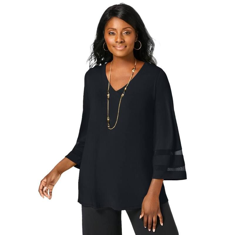ジェシカロンドン レディース トップス Tシャツ メッシュ ニット Jessica London The London Collection Stretch Knit Mesh Inset Sleeve Tunic Black ブラック