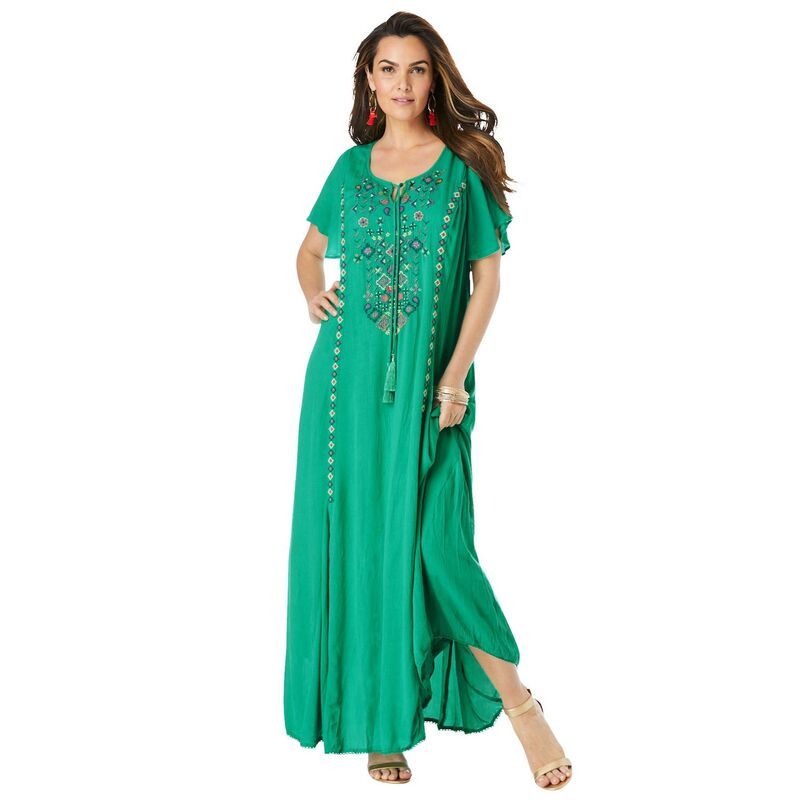 ロアマンズ レディース トップス ワンピース A ライン プラスサイズ 刺繍 マキシ Roamans Womens Plusize Alinembroidered Crinkle Maxi Dress Tropical Emerald エメラルド