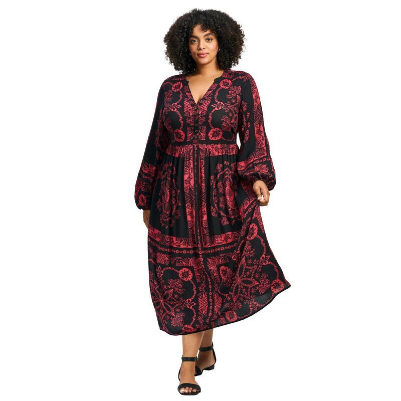 アベニュー レディース トップス ワンピース プラスサイズ プリント レース Avenue Womens Plusizeliana Scarf Placement Print Dress Crimson Reflection クリムゾン