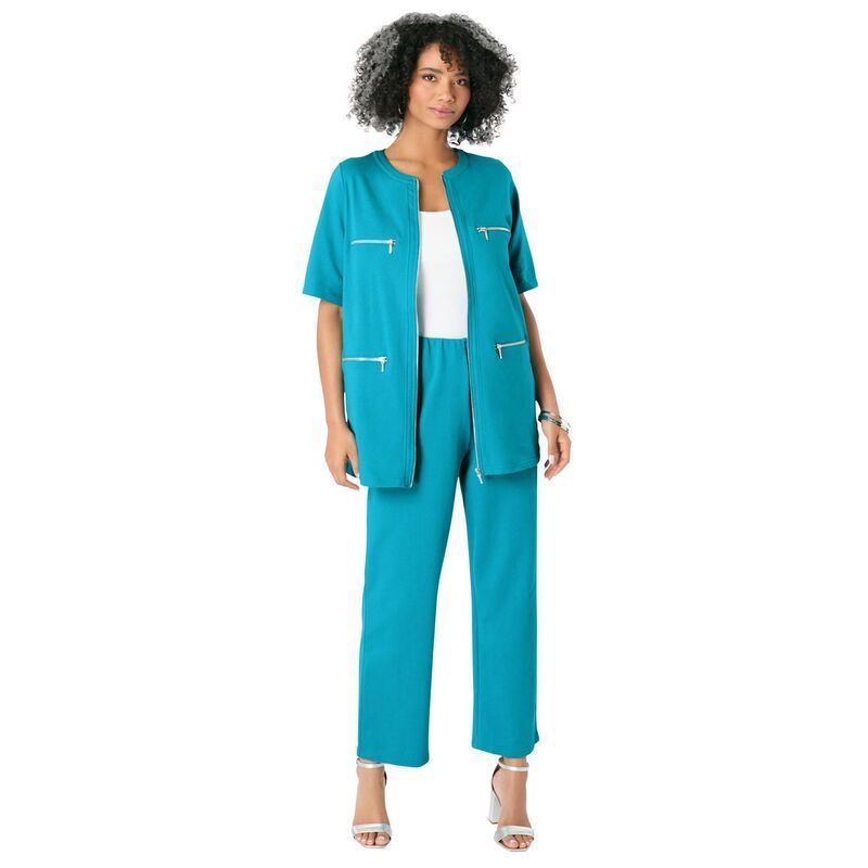 ロアマンズ レディース ボトムス カジュアルパンツ プラスサイズ パイル クロップド Roamans Womens Plusize French Terry Cropped Pant Deep Turquoise ターコイズ
