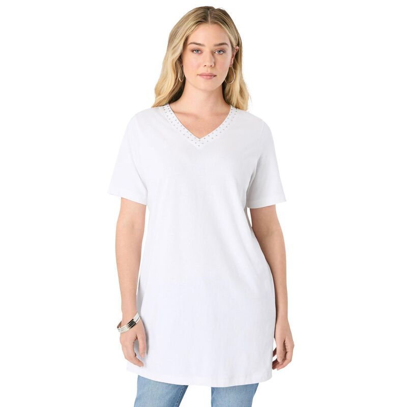 ロアマンズ レディース トップス Tシャツ Vネック プラスサイズ Roamans Womens Plusize Rhinestone VNeck Ultimate Tunic White ホワイト