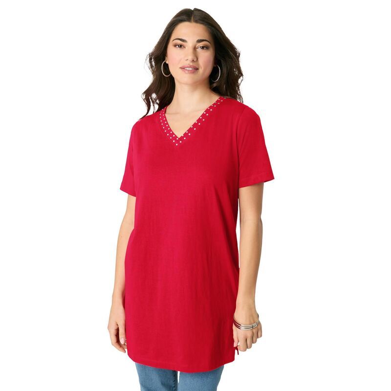 ロアマンズ レディース トップス Tシャツ Vネック プラスサイズ Roamans Womens Plusize Rhinestone VNeck Ultimate Tunic Vivid Red レッド