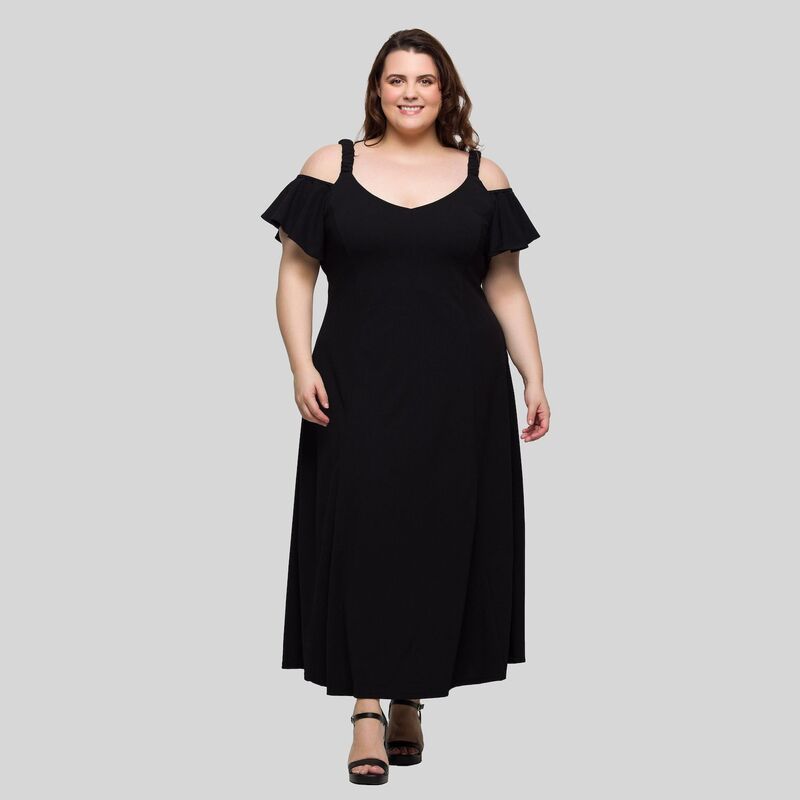 24 セブンコンフォート レディース トップス ワンピース A ライン プラスサイズ フリル マキシ Plusize 24Seven Comfort Apparel Cold Shoulderuffle Sleeve ALine Maxi Dress Blac