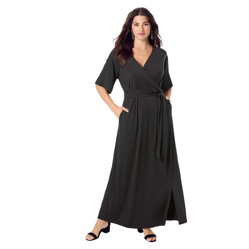 ロアマンズ レディース トップス ワンピース プラスサイズ マキシ Roamans Womens Plusize Ultrasmooth Faux Wrap Maxi Dress Black ブラック