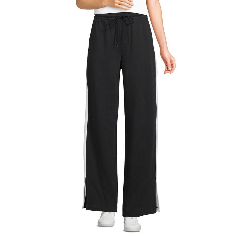 ランズエンド レディース ボトムス カジュアルパンツ ストレート プチ ニット Petite Lands End Sport Knit High Rise Relaxed Straight Leg Side Stripe Pants Black White ホ