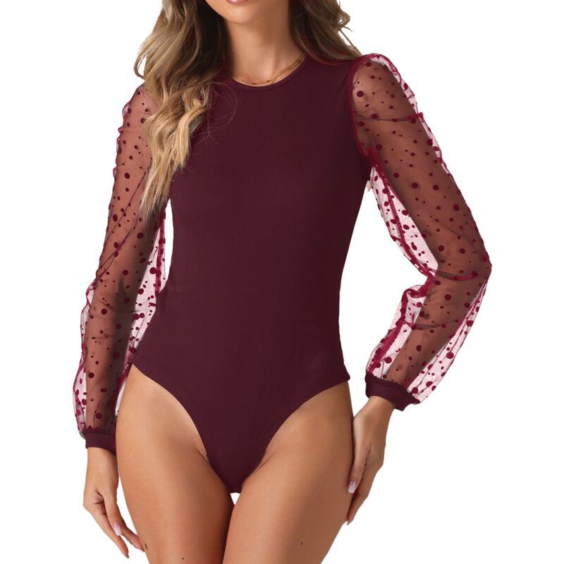 アレグラ ケー レディース トップス Tシャツ ロンパース メッシュ ボディースーツ ジャンプスーツ ALLEGRA K Long Sleeve Bodysuit for Womens Clubwear Mesh Sleeves Jumpsuits Rompe