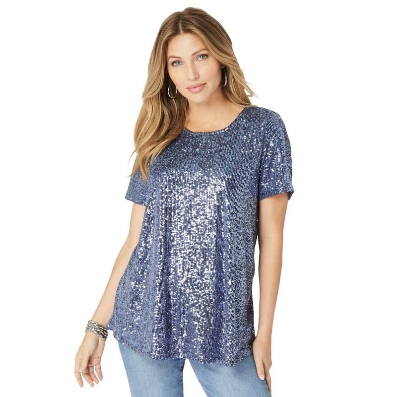 ロアマンズ レディース トップス Tシャツ プラスサイズ スパンコール Roamans Womens Plusize Sequined Swing Tee Dusty Indigo インディゴ