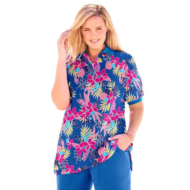 ウーマン ウィズイン レディース トップス Tシャツ ポロシャツ プラスサイズ Woman Within Womens Plusizelbowsleeve Polo Tunic Bright Cobalt Pretty コバルト