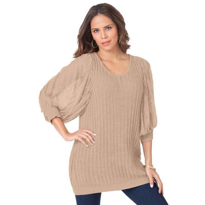 ロアマンズ レディース アウター ニット・セーター プラスサイズ レース Roamans Womens Plusize Lace Sleeve Sweater New Khaki カーキ