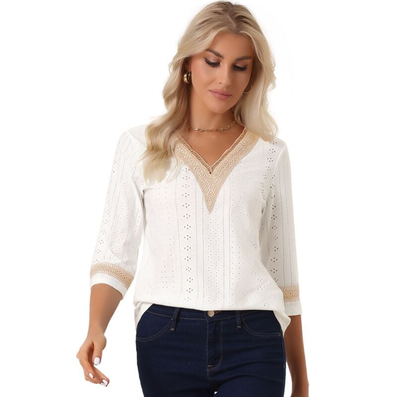 アレグラ ケー レディース トップス Tシャツ Vネック レーストリム コントラスト レース ALLEGRA K Womens Contrast Color V Neck Loose Lace Trim Boho Top White ホワイト