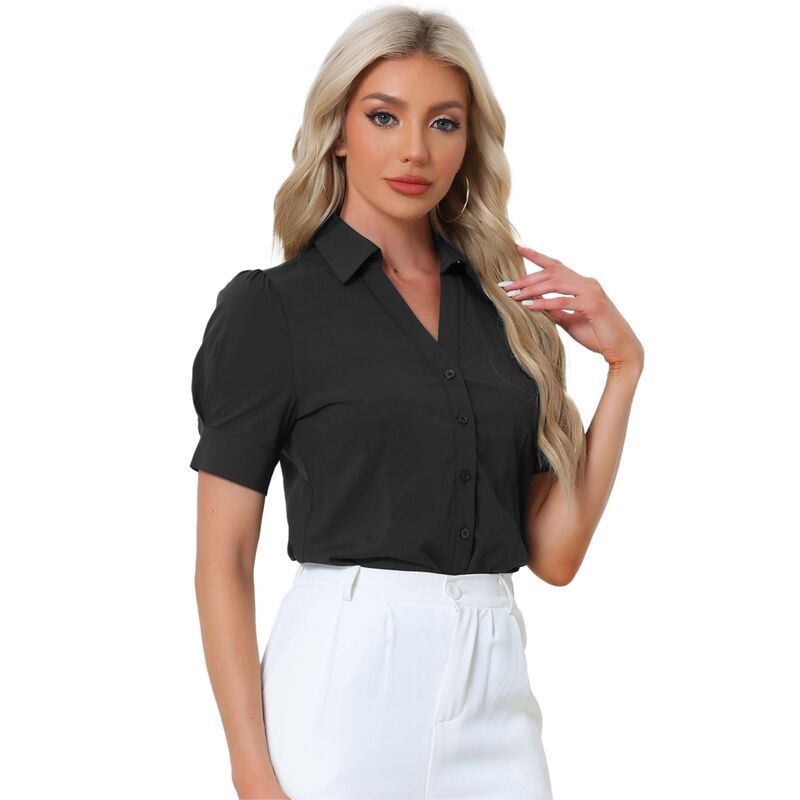 アレグラ ケー レディース トップス Tシャツ ボタンダウン ブラウス ボディースーツ ALLEGRA K Womens Office Blouse Button Down OnePiece Short Sleeve Bodysuit Work Shirt B