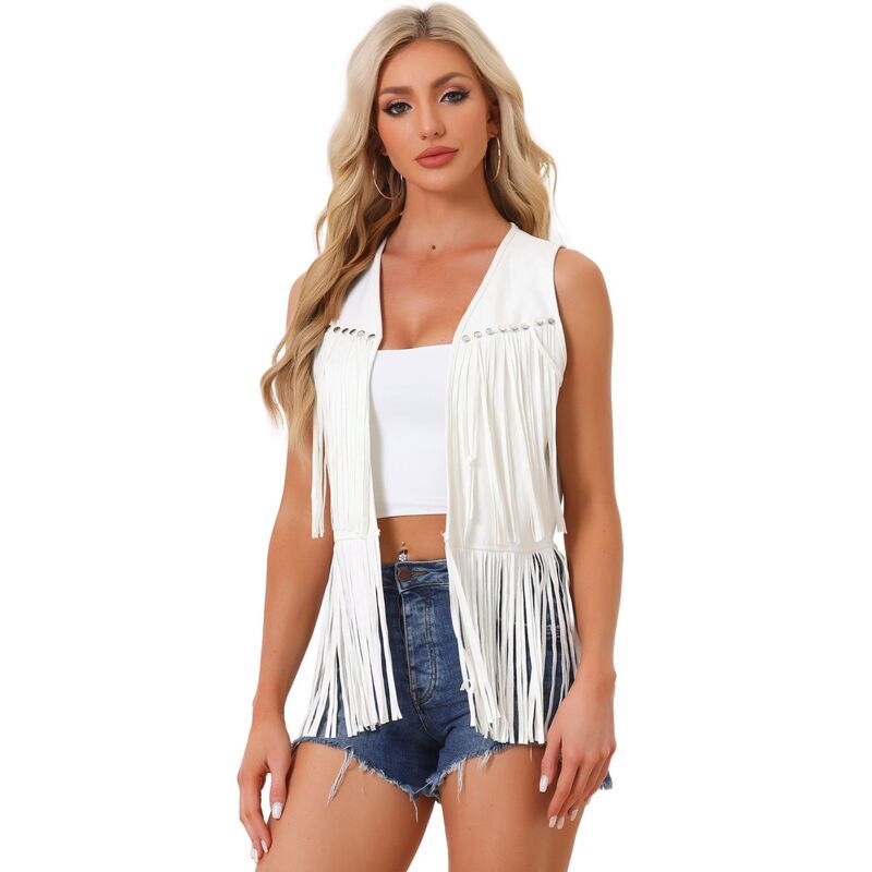アレグラ ケー レディース アウター ニット・セーター ベスト スエード カーディガン フリンジ ALLEGRA K Womens Fringe Vest Open Front Outfits Faux Suede Tassel Cardigan White