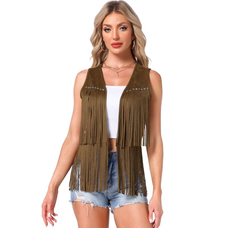 アレグラ ケー レディース アウター ニット・セーター ベスト スエード カーディガン フリンジ ALLEGRA K Womens Fringe Vest Open Front Outfits Faux Suede Tassel Cardigan Brown