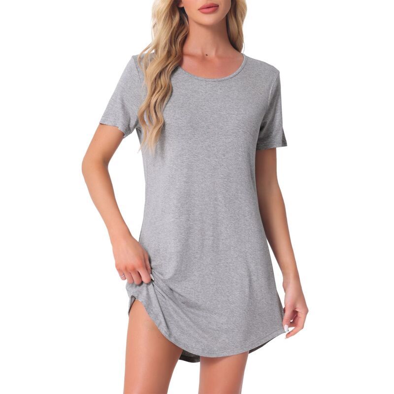 cheibear レディース アンダーウェア ナイトウェア シャツ cheibear Womens Round Neck Nightshirt Striped Short Sleeve Sleepshirt Nightgown Grey グレー