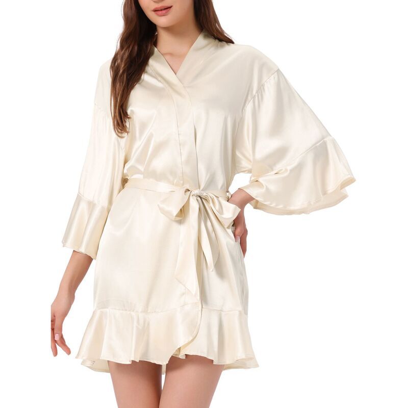 cheibear レディース アンダーウェア ナイトウェア サテン シルク cheibear Womensatin Pajama Silky 34 Sleeves Tie Waist Loungewearobes Light Champagne シャンパン