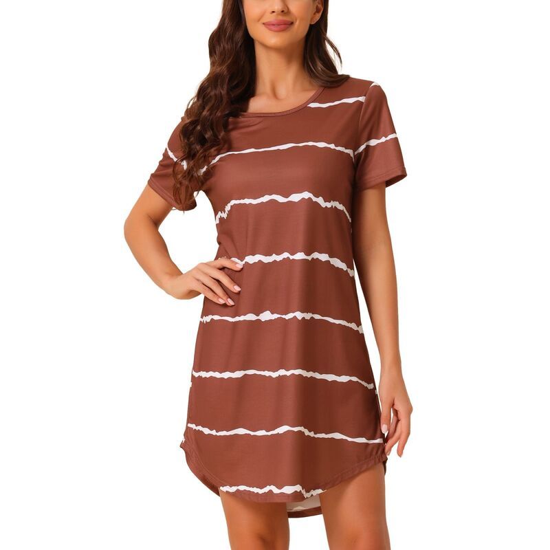 cheibear レディース アンダーウェア ナイトウェア シャツ cheibear Womens Round Neck Nightshirt Striped Short Sleeve Sleepshirt Nightgown Burgundy バーガンディ