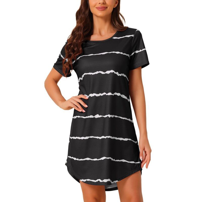 cheibear レディース アンダーウェア ナイトウェア シャツ cheibear Womens Round Neck Nightshirt Striped Short Sleeve Sleepshirt Nightgown Black ブラック