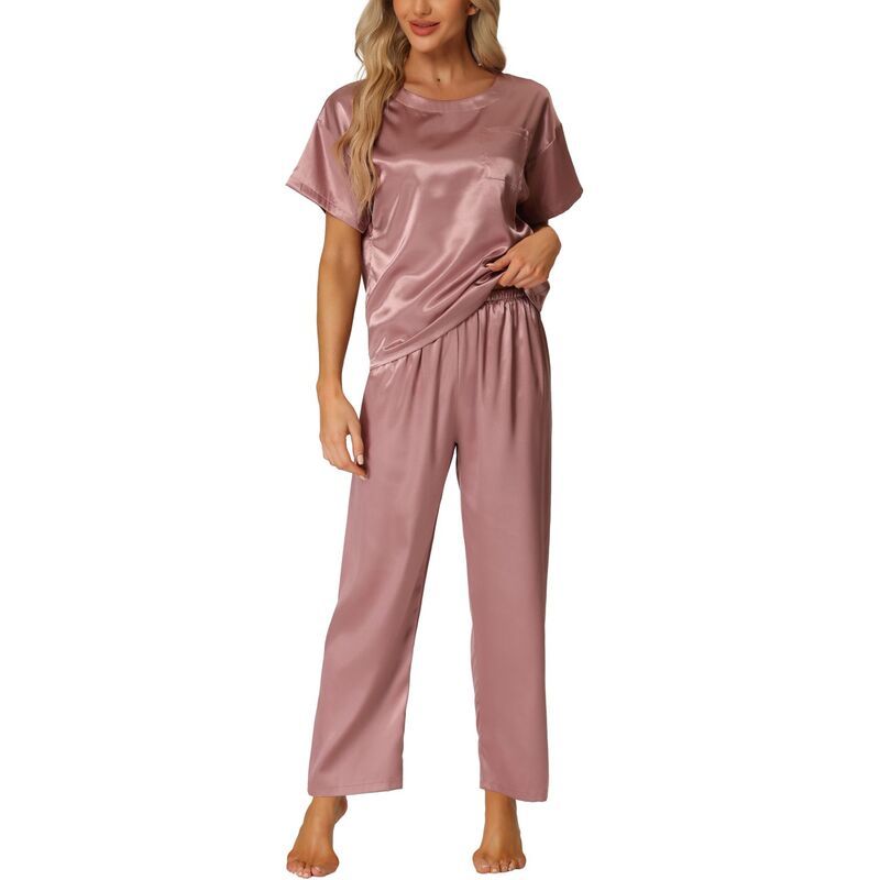 cheibear レディース アンダーウェア ナイトウェア パンツ サテン シルク cheibear Womensatin Pajamasummer Outfitshort Sleeves Tops With Pantsilky Lounge Sets Pur