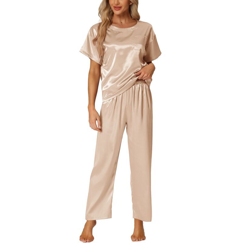 cheibear レディース アンダーウェア ナイトウェア パンツ サテン シルク cheibear Womensatin Pajamasummer Outfitshort Sleeves Tops With Pantsilky Lounge Sets Kha