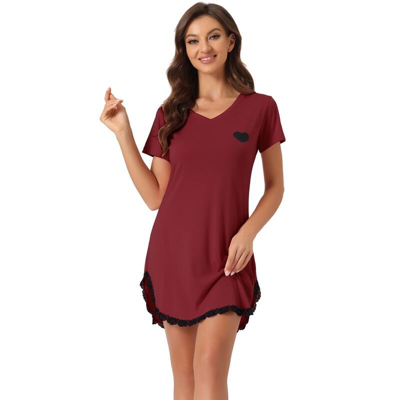 cheibear レディース アンダーウェア ナイトウェア Vネック レーストリム レース cheibear Womens Pajama Dress Lace Trim Vneck Short Sleeves Lounge Nightgowns Red レッド