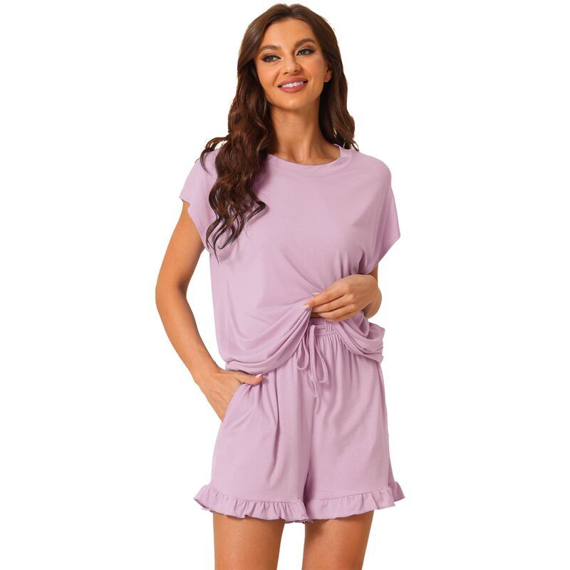 cheibear レディース アンダーウェア ナイトウェア フリル ショートパンツ cheibear Womens Pajama Ruffle Summer Outfitshort Sleeves Tops with Shorts Lounge Sets Pi