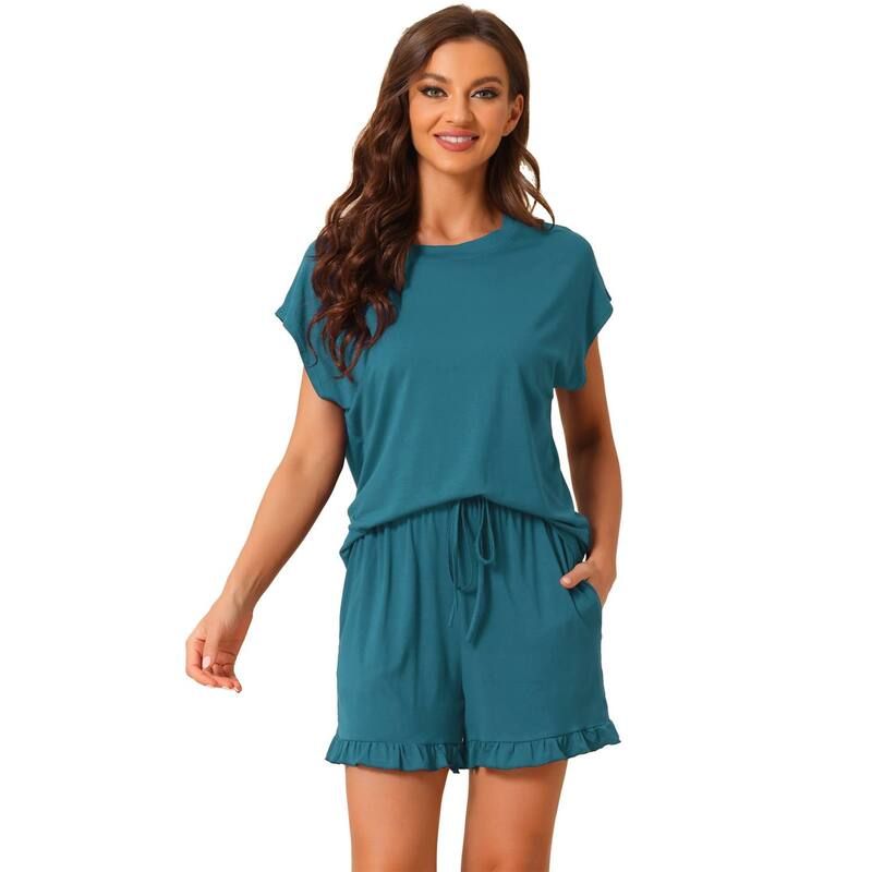 cheibear レディース アンダーウェア ナイトウェア フリル ショートパンツ cheibear Womens Pajama Ruffle Summer Outfitshort Sleeves Tops with Shorts Lounge Sets Pe
