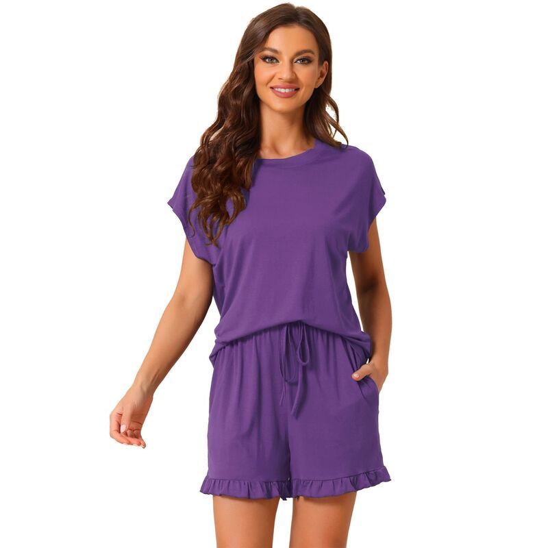 cheibear レディース アンダーウェア ナイトウェア フリル ショートパンツ cheibear Womens Pajama Ruffle Summer Outfitshort Sleeves Tops with Shorts Lounge Sets Da