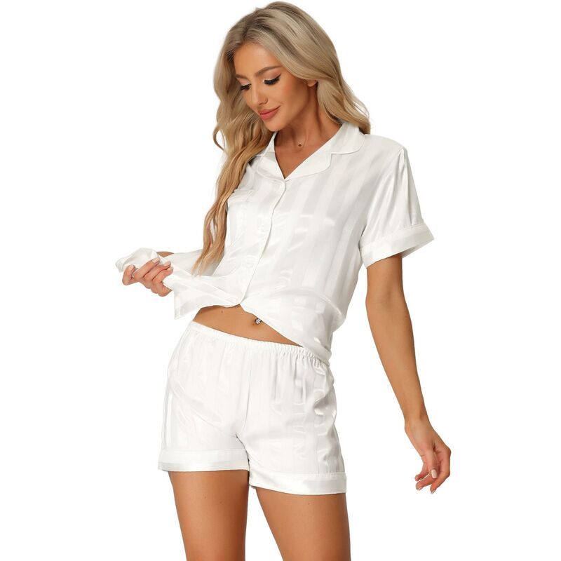 cheibear レディース アンダーウェア ナイトウェア ボタンダウン シャツ ショートパンツ サテン ダウン cheibear Womensatin Button Down Short Sleeve Shirt and Shorts Pajama Set