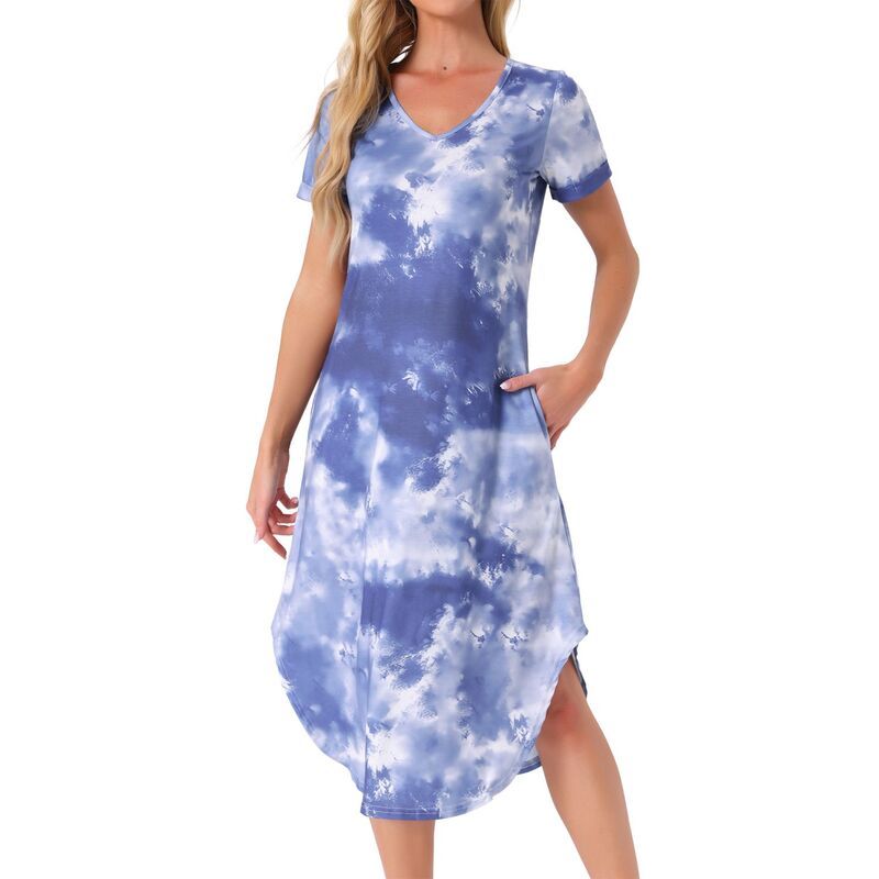 cheibear レディース アンダーウェア ナイトウェア Vネック cheibear Womens V Neck Short Sleeve Long Nightgown Lounge Dress with Pocketie Dye Grey Blue グレー