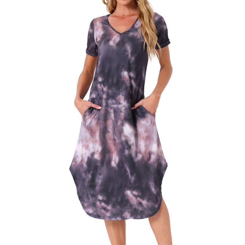 cheibear レディース アンダーウェア ナイトウェア Vネック cheibear Womens V Neck Short Sleeve Long Nightgown Lounge Dress with Pocketie Dye Black Pink ブラ