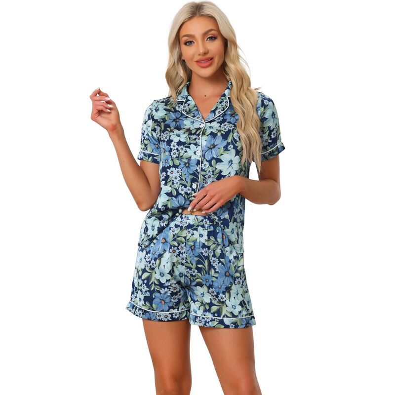 cheibear レディース アンダーウェア ナイトウェア ボタンダウン ショートパンツ ダウン cheibear Womensleepwear Button Down Tops With Shortsummer Pajama Sets Blue White