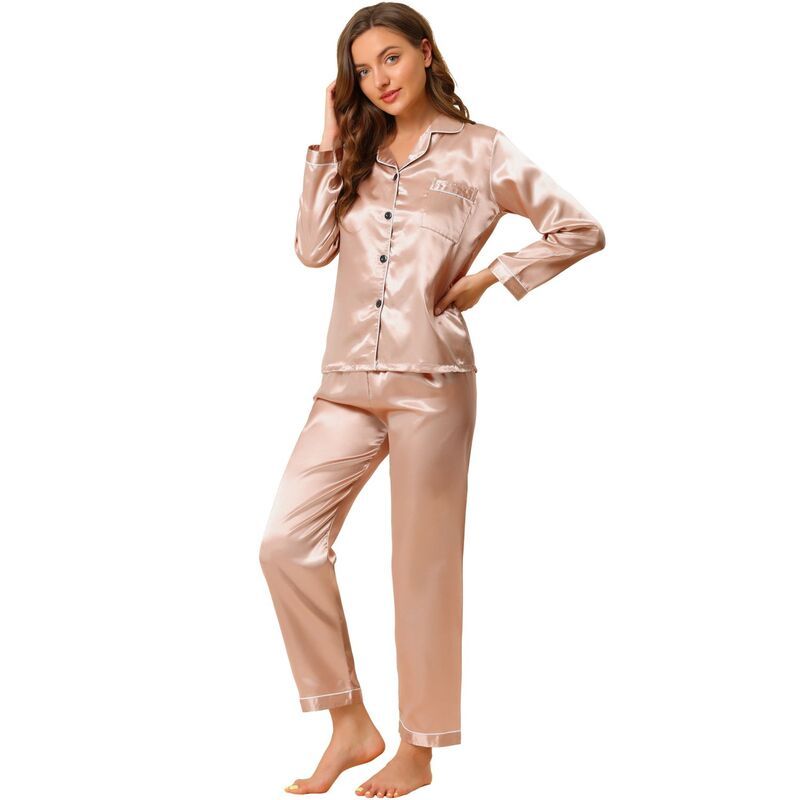 アレグラ ケー レディース アンダーウェア ナイトウェア ボタンダウン サテン シルク ダウン ALLEGRA K Womensatin 2pc Loungewear Button Down Smooth Silky Pajama Sets Champagne