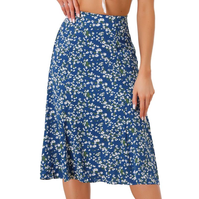 アレグラ ケー レディース ボトムスカート A ライン プリント ミディ ALLEGRA K Womens Peasant Elastic Waist ALine Leave Print Midi Skirt Blue ブルー