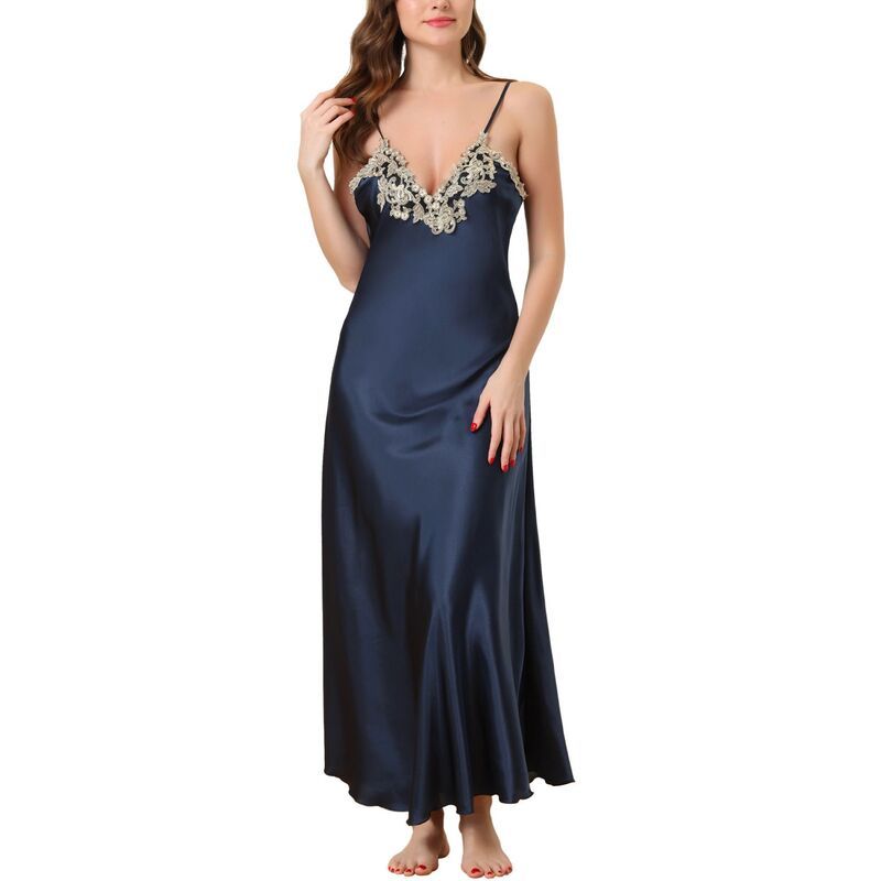 cheibear レディース アンダーウェア ナイトウェア サテン ノースリーブ レース cheibear Womens Lace Satin Sleeveless Nigthgown Sleepwear Pajama Dress Navy Blue ネイビー