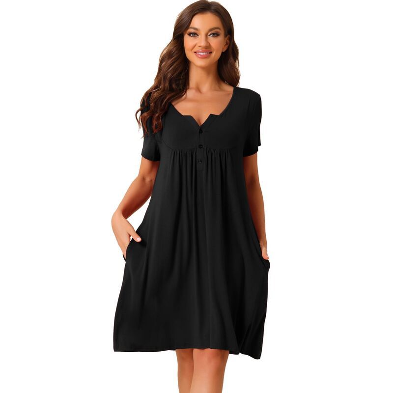 cheibear レディース アンダーウェア ナイトウェア cheibear Womensleepwear Soft Button With Pocketshort Sleeve Lounge Nightgown Black ブラック