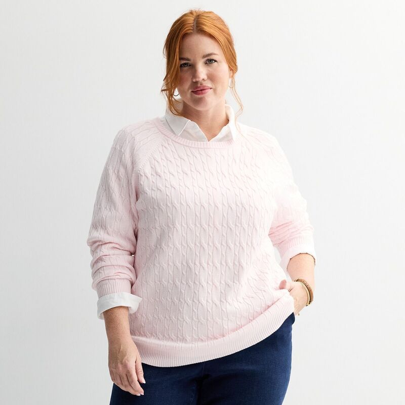 クロフト＆バロー レディース アウター ニット・セーター クルーネック プラスサイズ Plusize Croft Barrow Thextra Soft Cabled Crew Neck Sweater Pink ピンク